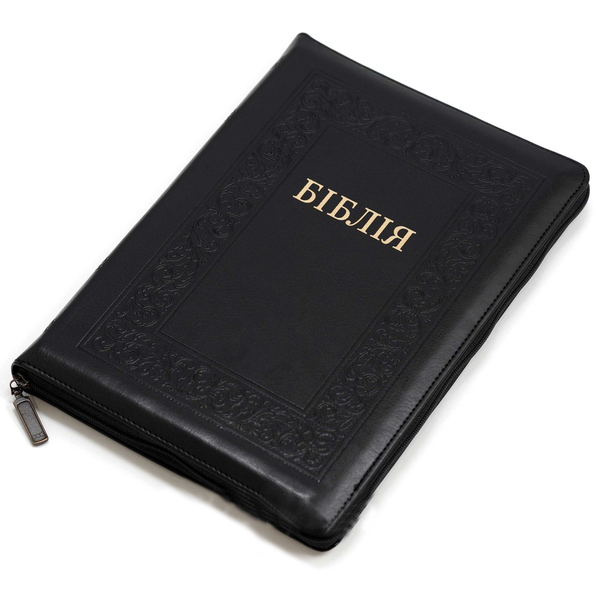 Біблія чорна з візерунком, замінник шкіри, на замку