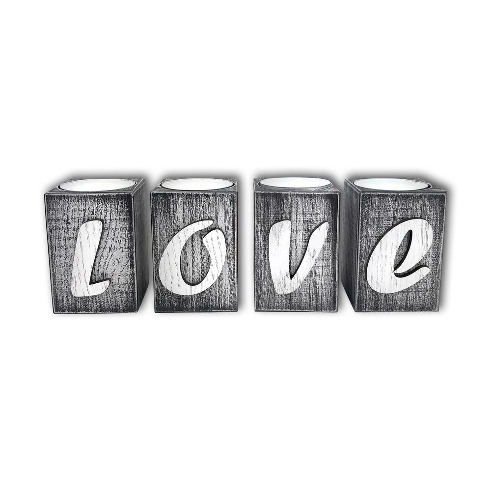 Набор подсвечников деревянных "Love" серый винтаж 6х4х4 см