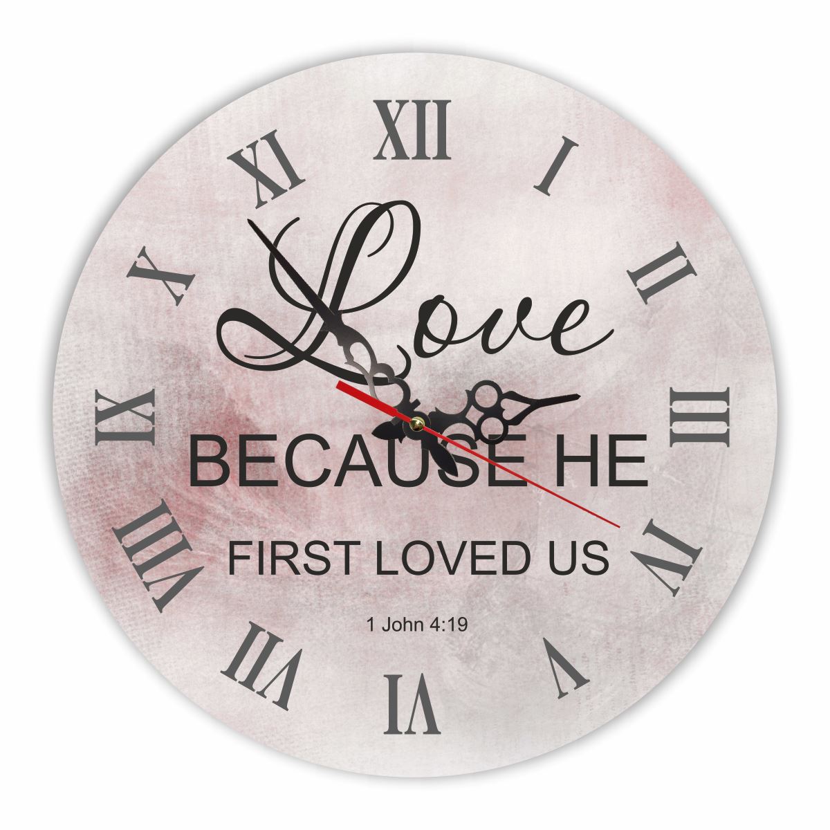 Настенные деревянные круглые часы 30 см "Love because he first loved us"