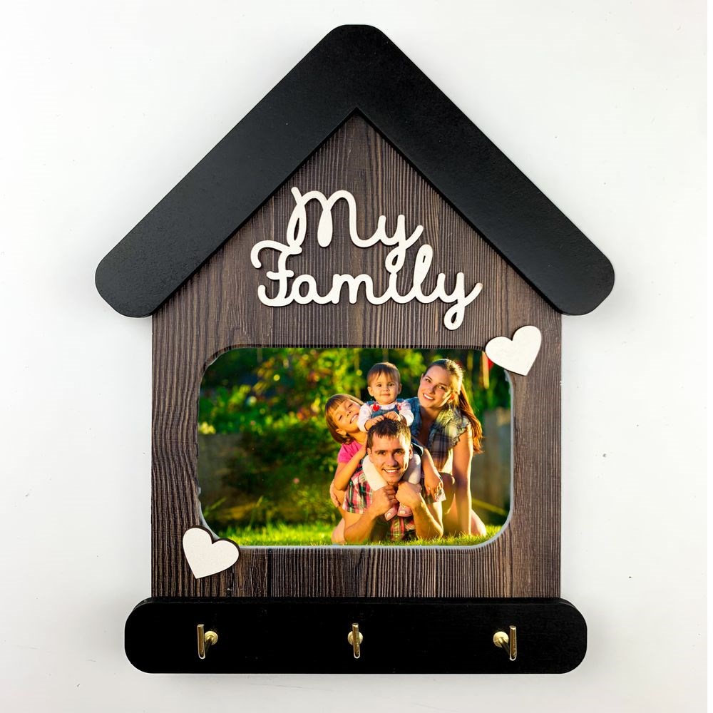 Декоративна ключниця-рамка для фото "My family" (Коричнева прямокутна з сердечками)