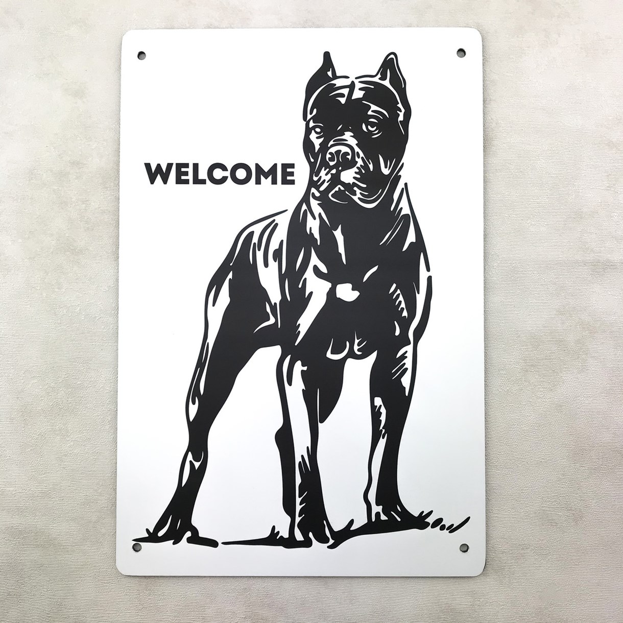 Металлическая входная табличка "Welcome" большой бойцовский пес 22х15 см